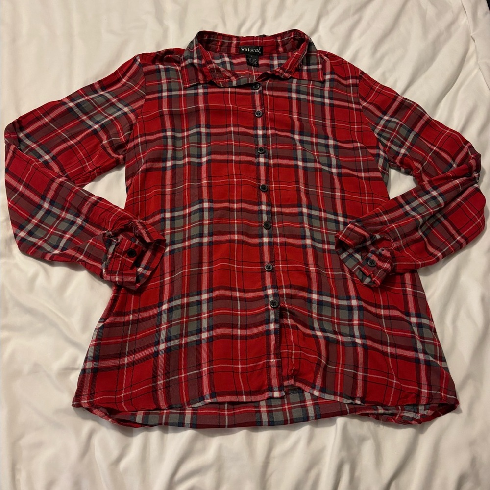 Red Plaid Button Down Shirt Large